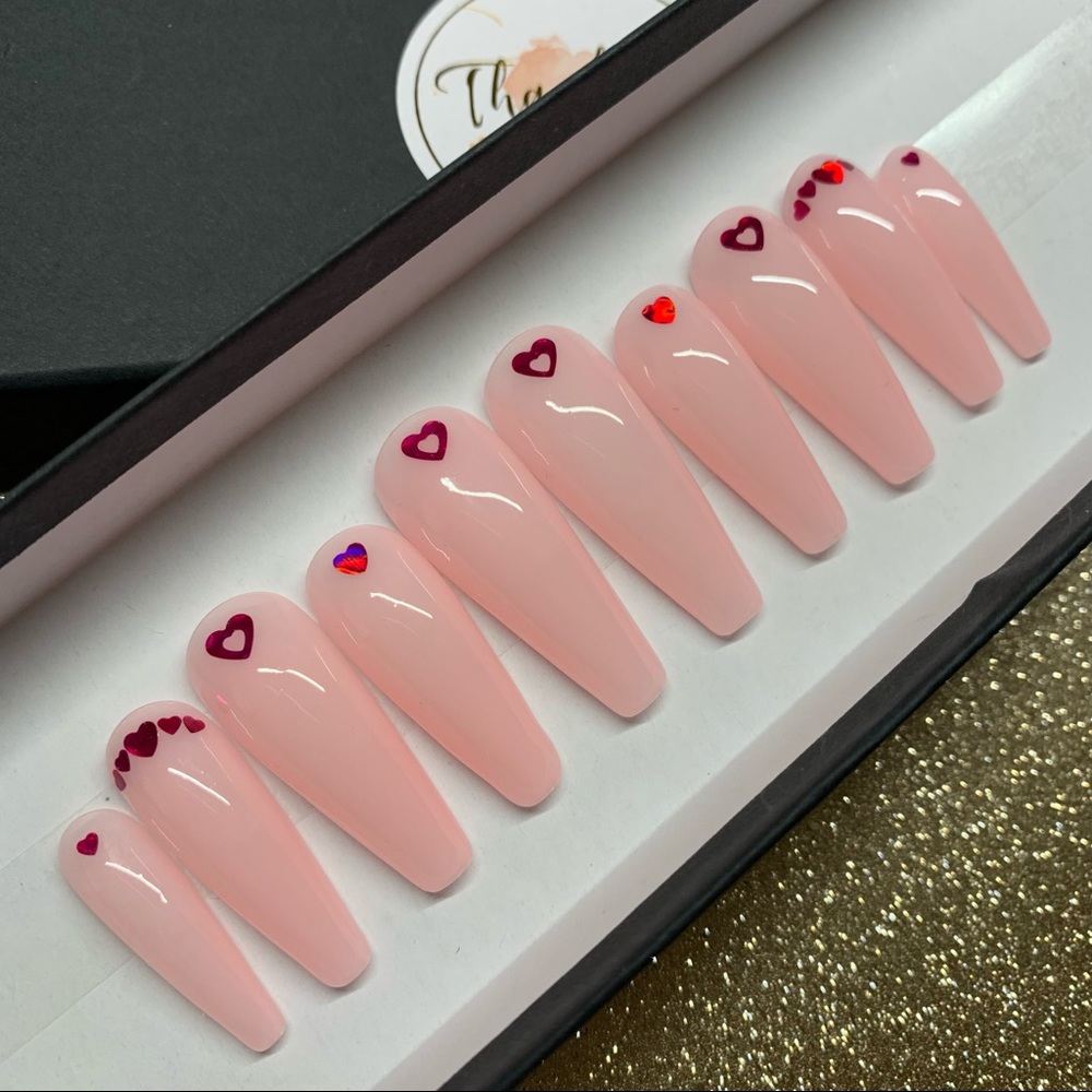 Press-On Coffin Nails in Blush Pink with Red Heart Accents